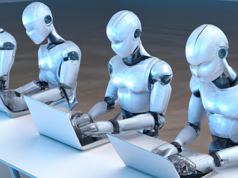 3d rendered humanoid male robots working on laptop computers
